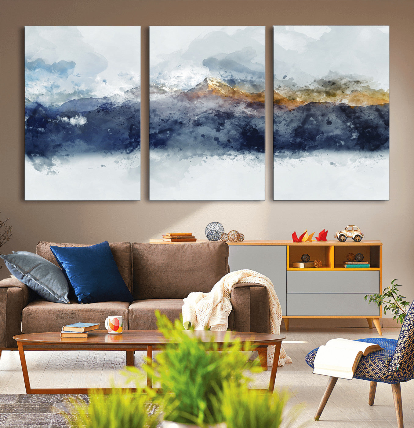 89149-MGV-CV-36X24-Abstract Mountain Range Art Canvas Print | 3 Panel Watercolor Landscape for Living Room, Office, or Bedroom | Large Ready-to-Hang Artwork