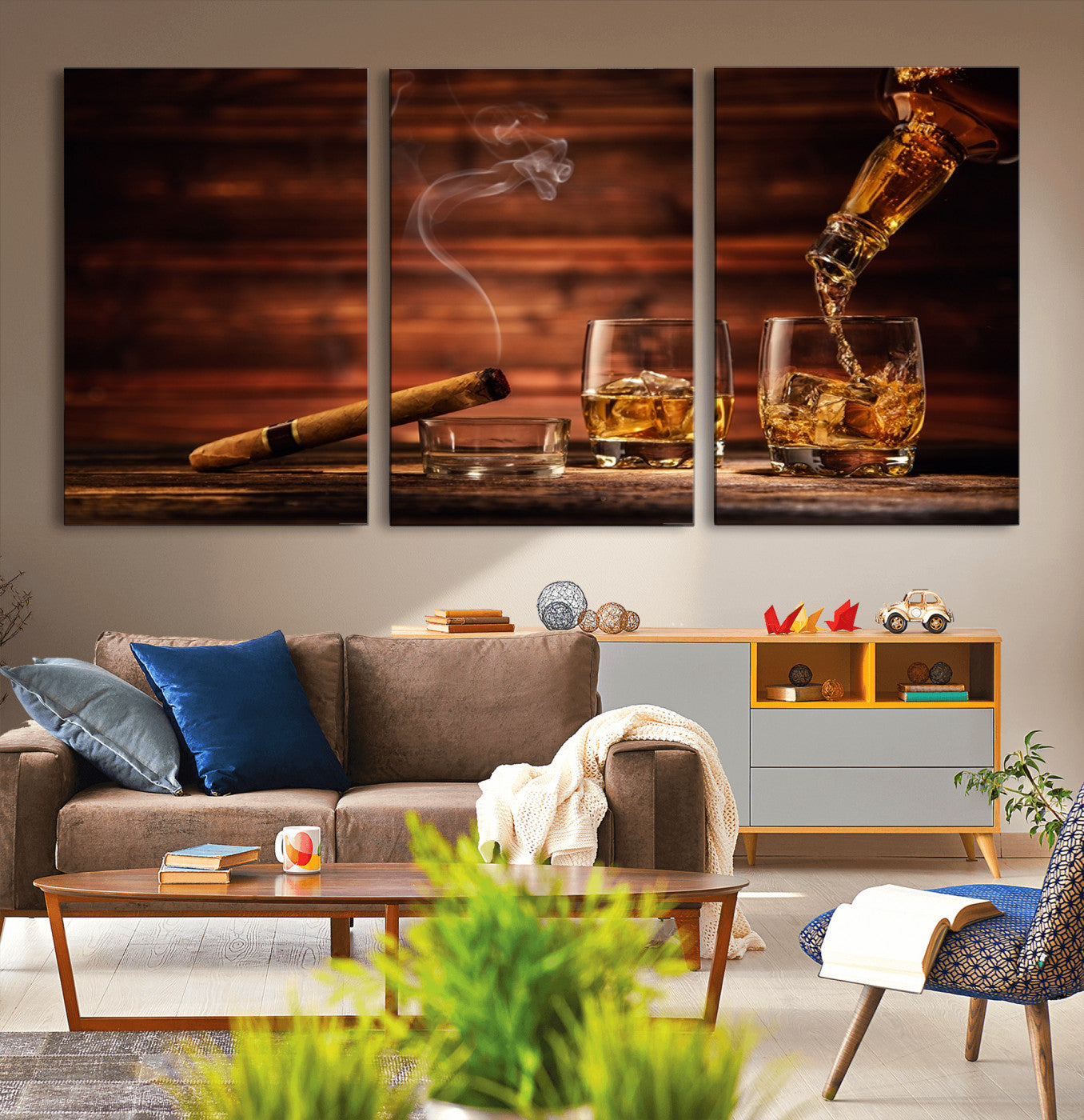 MGV-CV-60X30-3P - Whiskey and Cigar Wall Art Canvas | 3 Panel Bar Room Decor for Home Lounge, Office, or Man Cave |