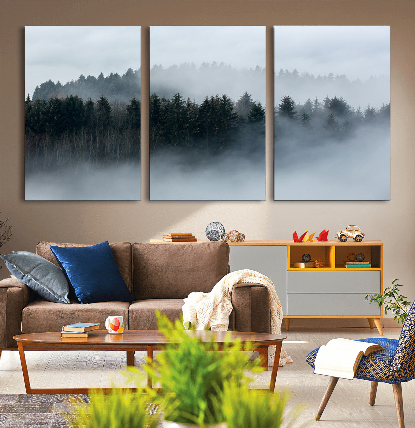 42596-MGV-CV-36X24-Autumn and Misty Trees in the Forest Wall Art Canvas Print, Foggy Forest Mountain Wall Art Canvas