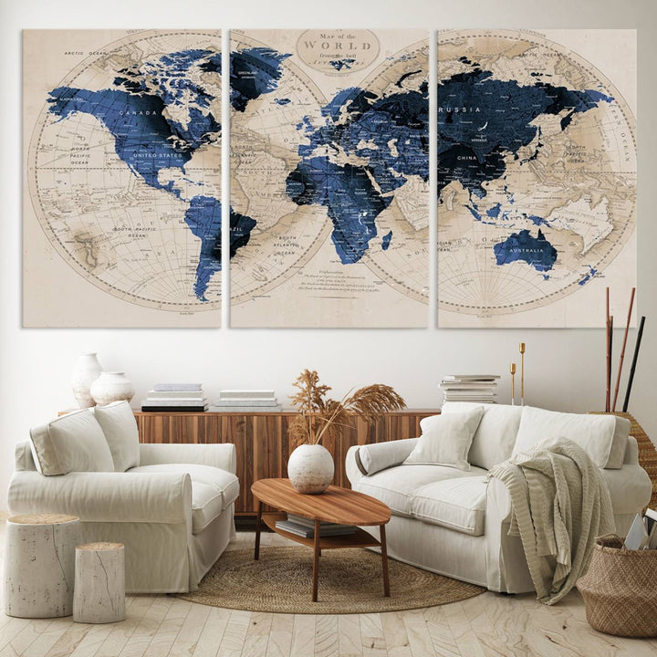 The Vintage Triptych Map Print is a grunge-stained blue and beige world map, perfect for enhancing wall decor.