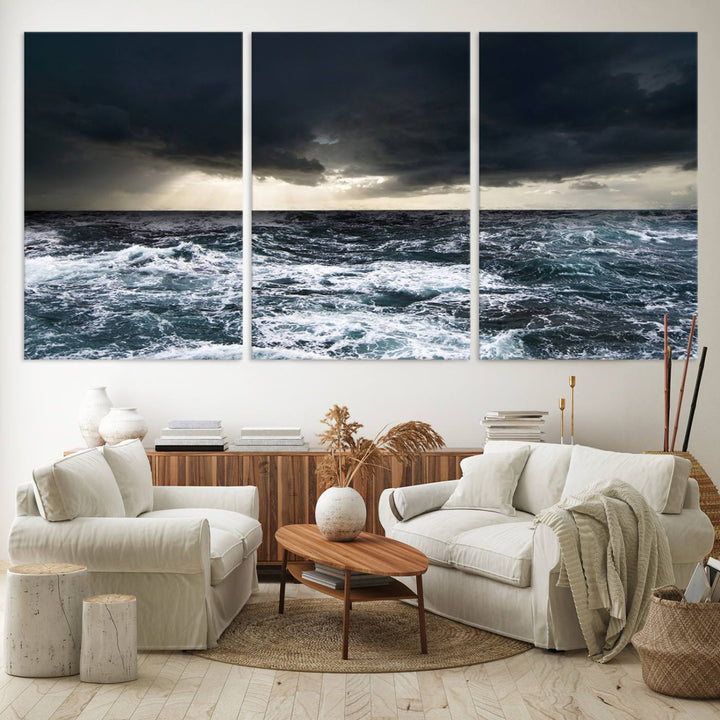 A Dark Clouds Stormy Sea canvas print, ready to hang, enhances the room.