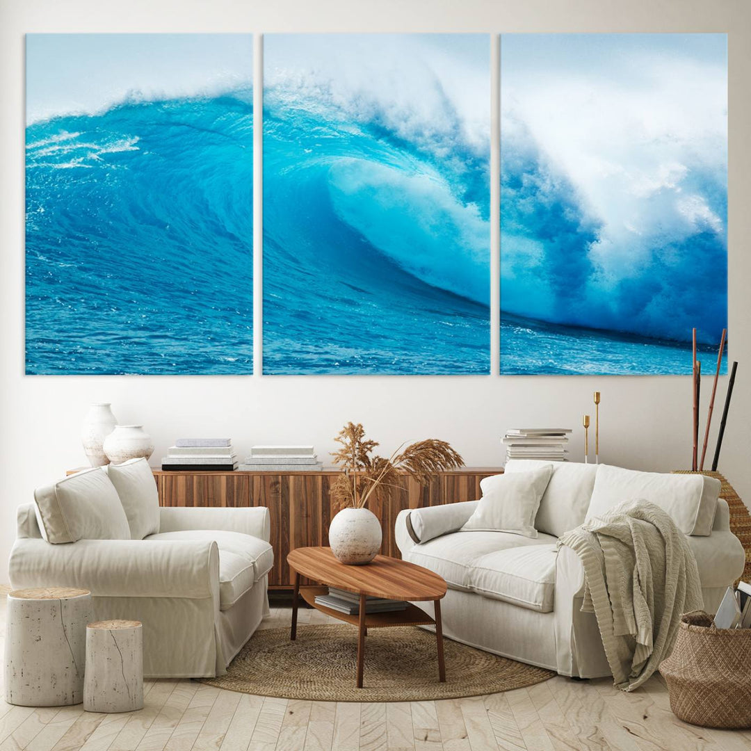 A museum-quality canvas depicting a vibrant blue ocean wave with white foam under a clear sky.