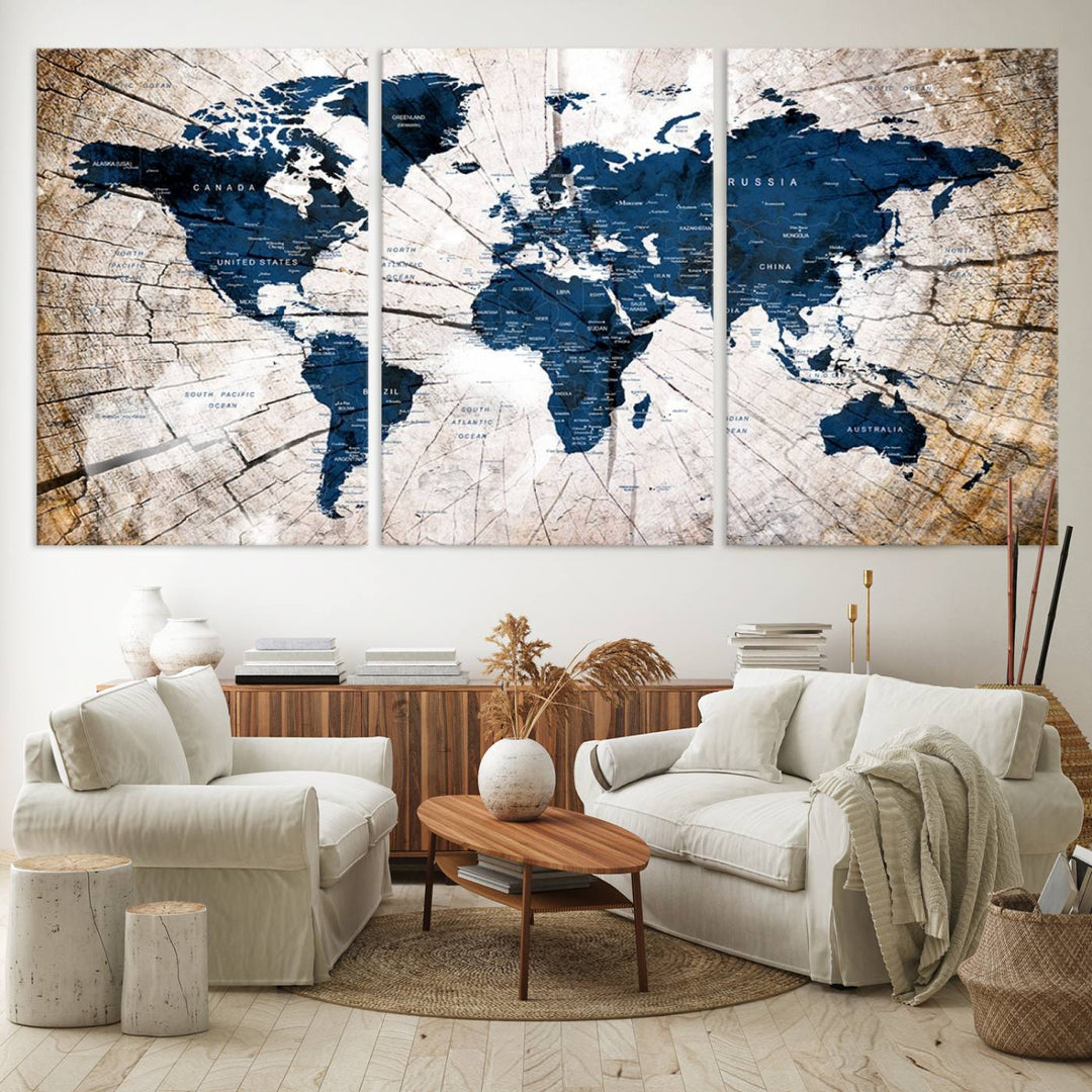 The Vintage World Map on Grunge Background Canvas serves as the focal point of the room.