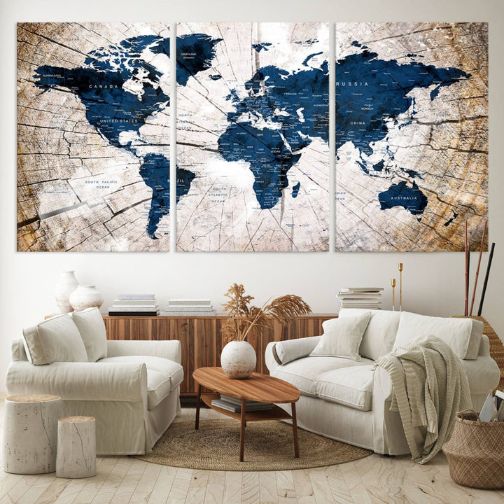 The Vintage World Map on Grunge Background Canvas serves as the focal point of the room.