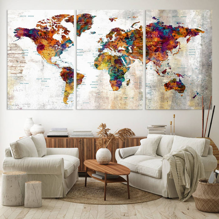 A vibrant Grunge Map Canvas Wall Art Set (3 Panels) for home or office decor, perfect for travel enthusiasts.