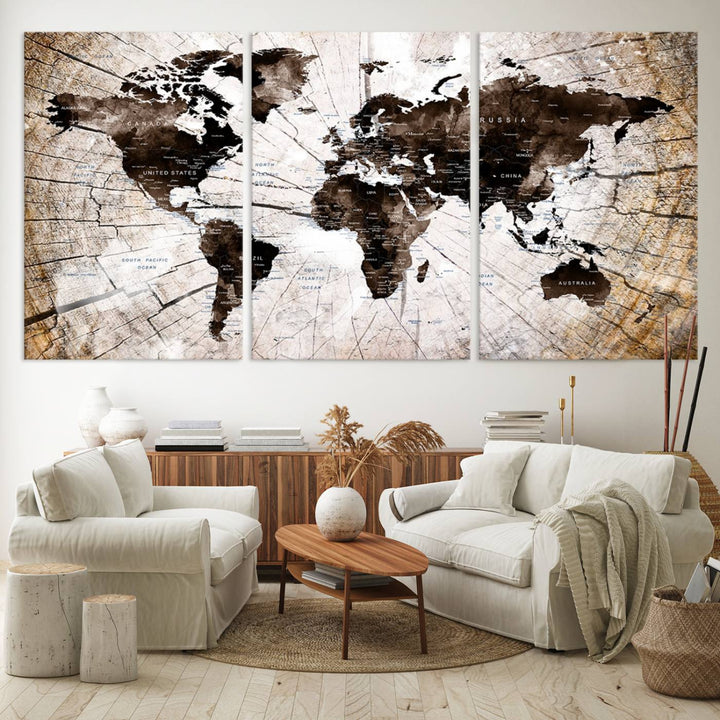 The Tree Ring World Map Canvas hangs above the table, blending into the nature-inspired setting.