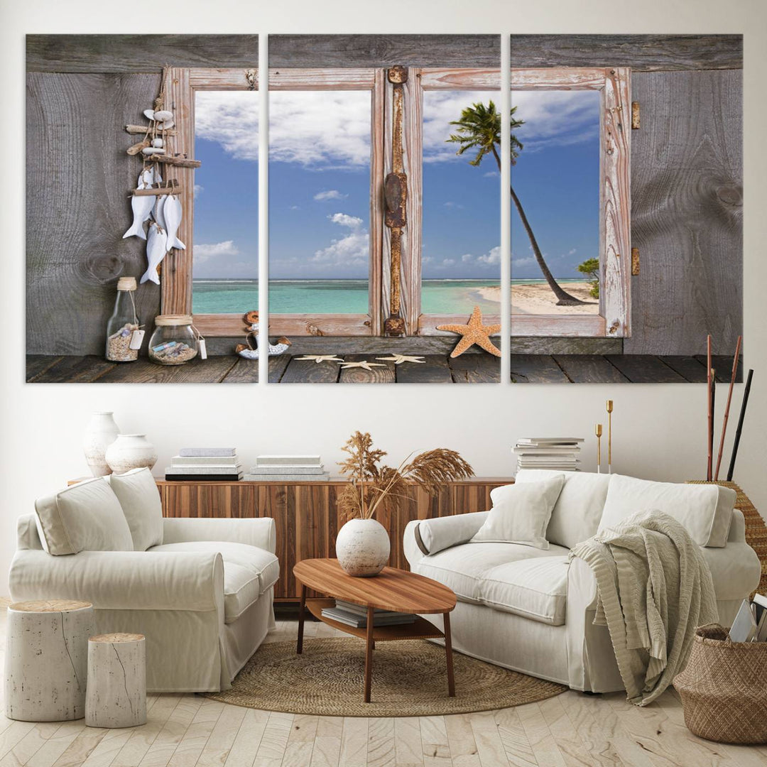 The Window Wall Art Relaxing Beach features seashells and a rustic window frame.