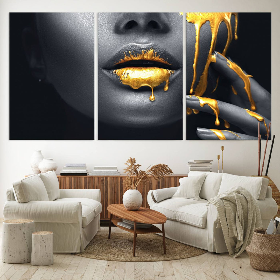 The Gold Lips and Black Woman Makeup Canvas Print features a chic monochrome face design, making it ideal for a modern dining room.