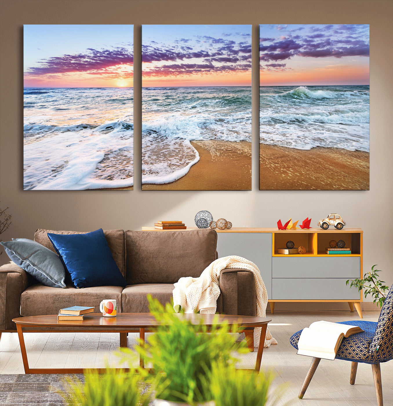 MGV-CV-60X30-3P - Coastal Sunset Art Beach Canvas Wall Art Print | Ocean Waves Wall Art | Large 3-Panel Seascape for