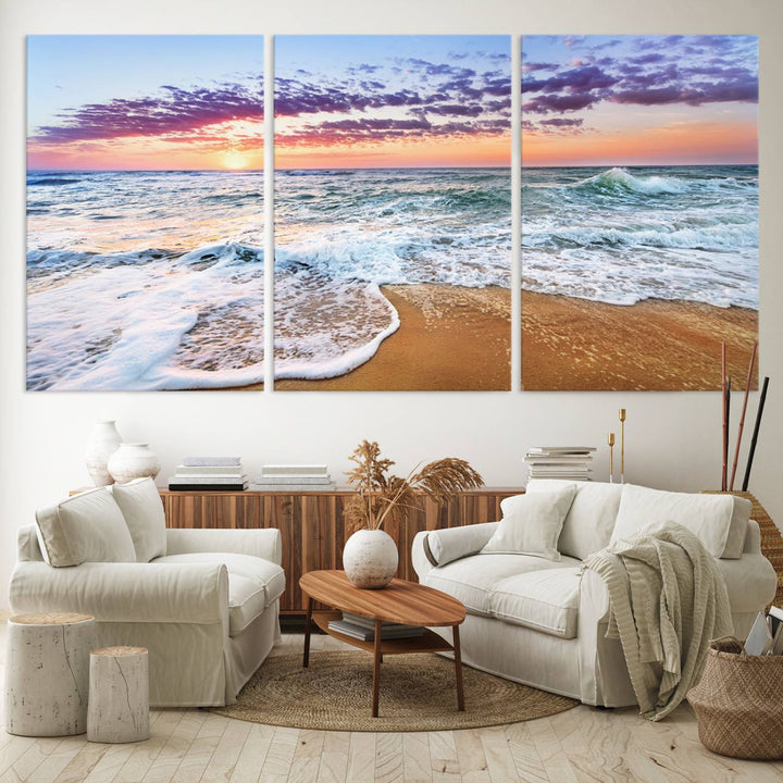 The Tropical Beach Waves Art Print, depicting an ocean sunset and sandy shore, enriches the coastal decor of the dining area.