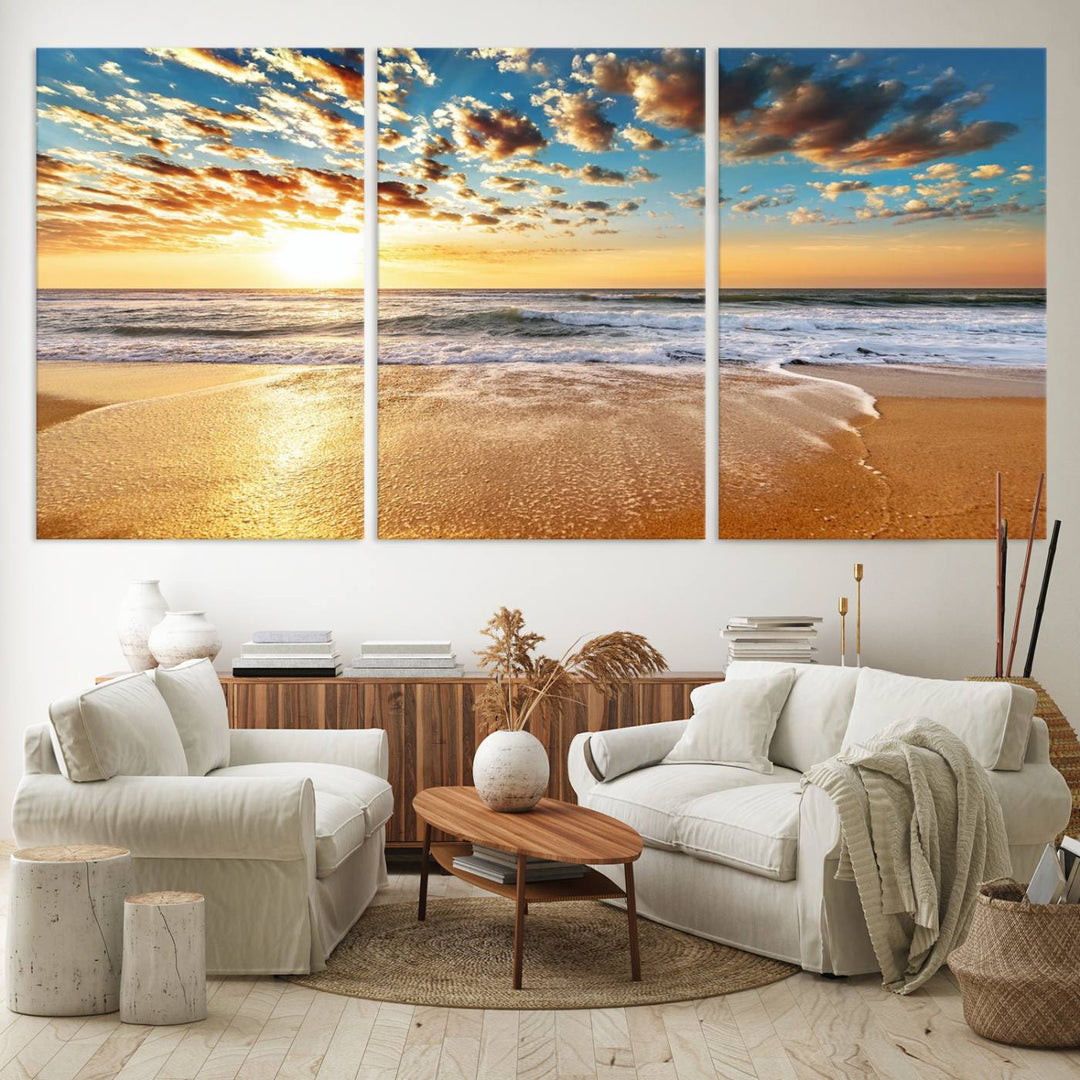 A gallery-wrapped canvas titled Soothing Sunset on Calm Beach is featured.