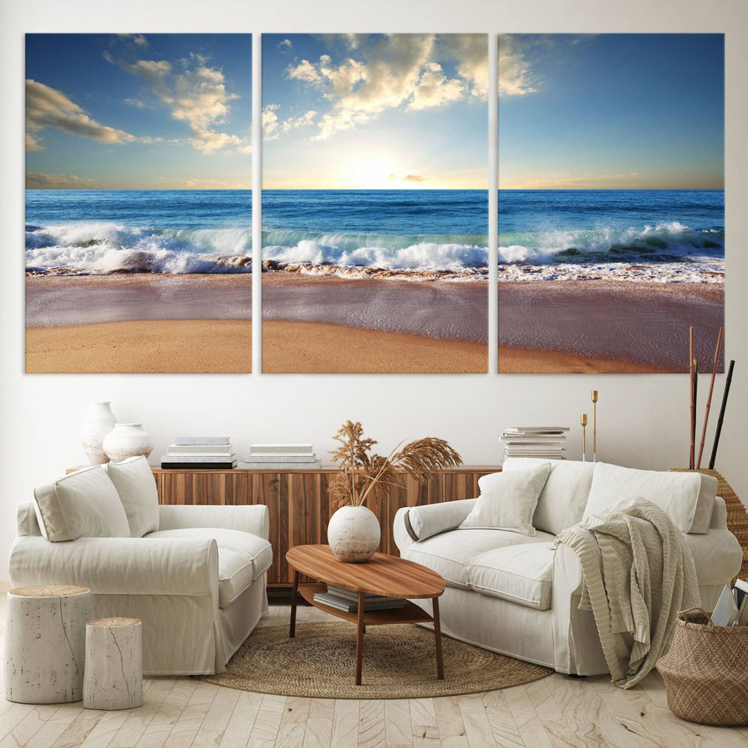 The dining room features a Coastal Tropical Beach Sunset canvas wall art.