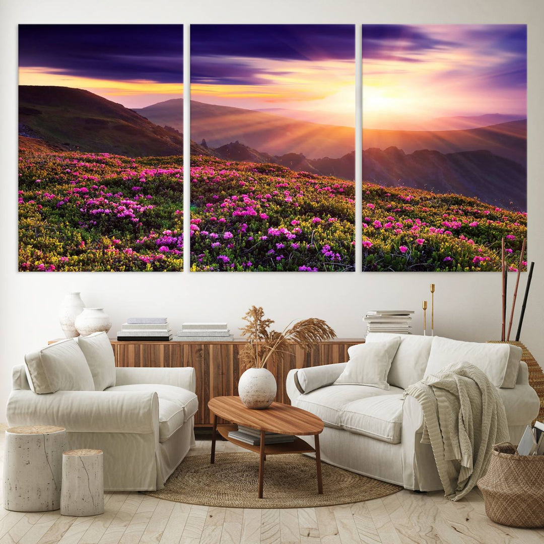 Gallery-wrapped wall art of a stunning mountain sunset and purple flowers.