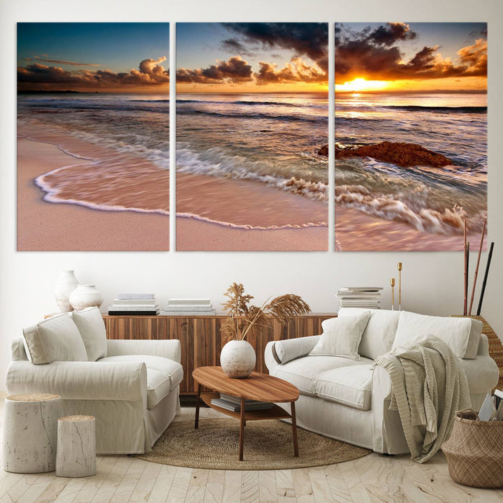 The Sunset on Ocean Wall Art Canvas Print beautifully captures a beach sunset, gentle waves, and a peaceful atmosphere.