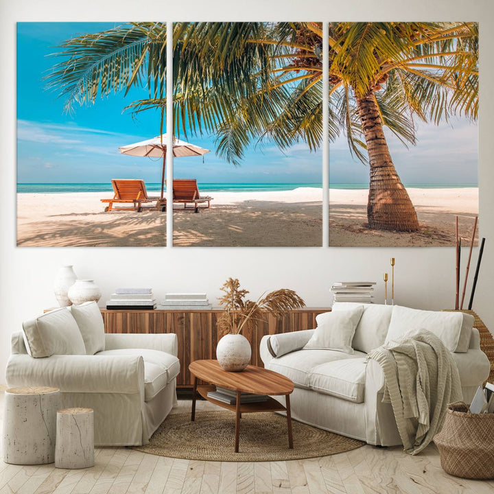 The 3-panel Tropical Beach Wall Art features palm trees and sun loungers, perfect for coastal decor.