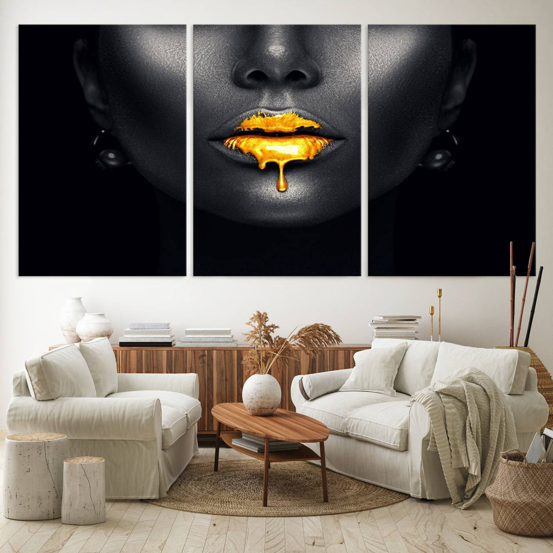 The Honey Gold Lips and Black Woman Photograph canvas print adds a striking touch to the room.