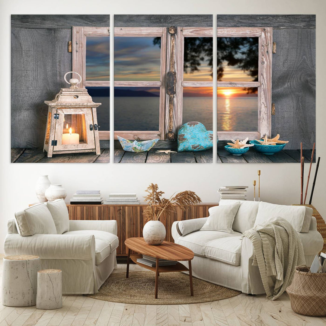 The Astonishing Sunset from the Window canvas print beautifully captures a sea view, accompanied by a lantern and starfish.