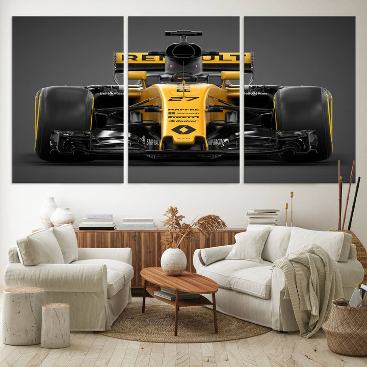 A yellow and black F1 Renault car canvas print with free shipping.