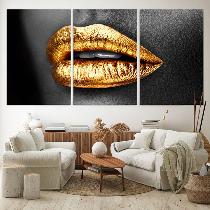 The Gold Lips Canvas Wall Art on a black background is showcased.