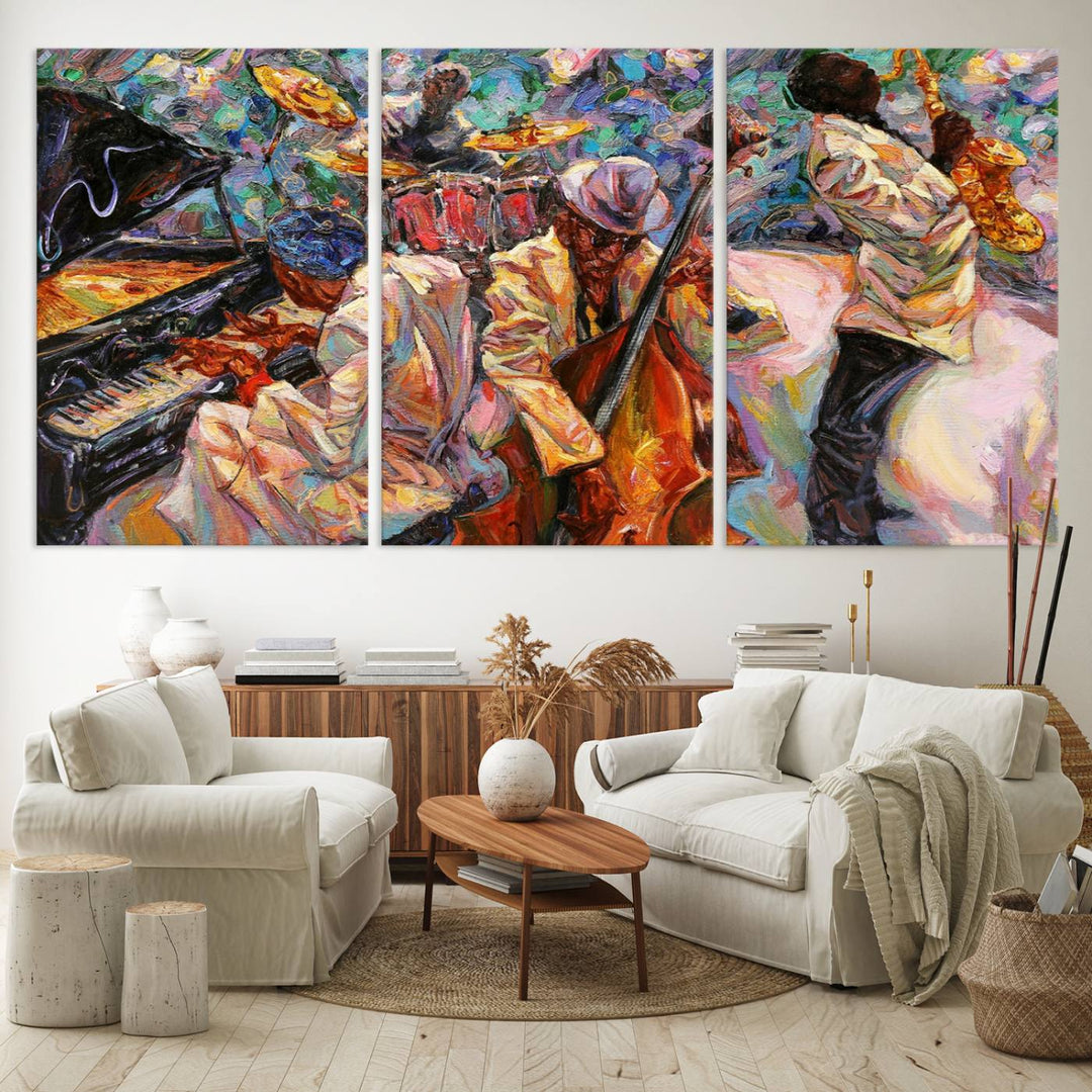 The wall features an African American Jazz Art Music Abstract Painting on Canvas.