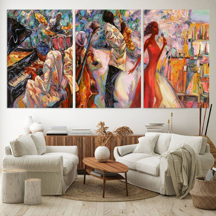 The Abstract Afro American Jazz Canvas captures a vibrant jazz band and showcases a woman dancing in red, making it perfect for dining or music spaces.