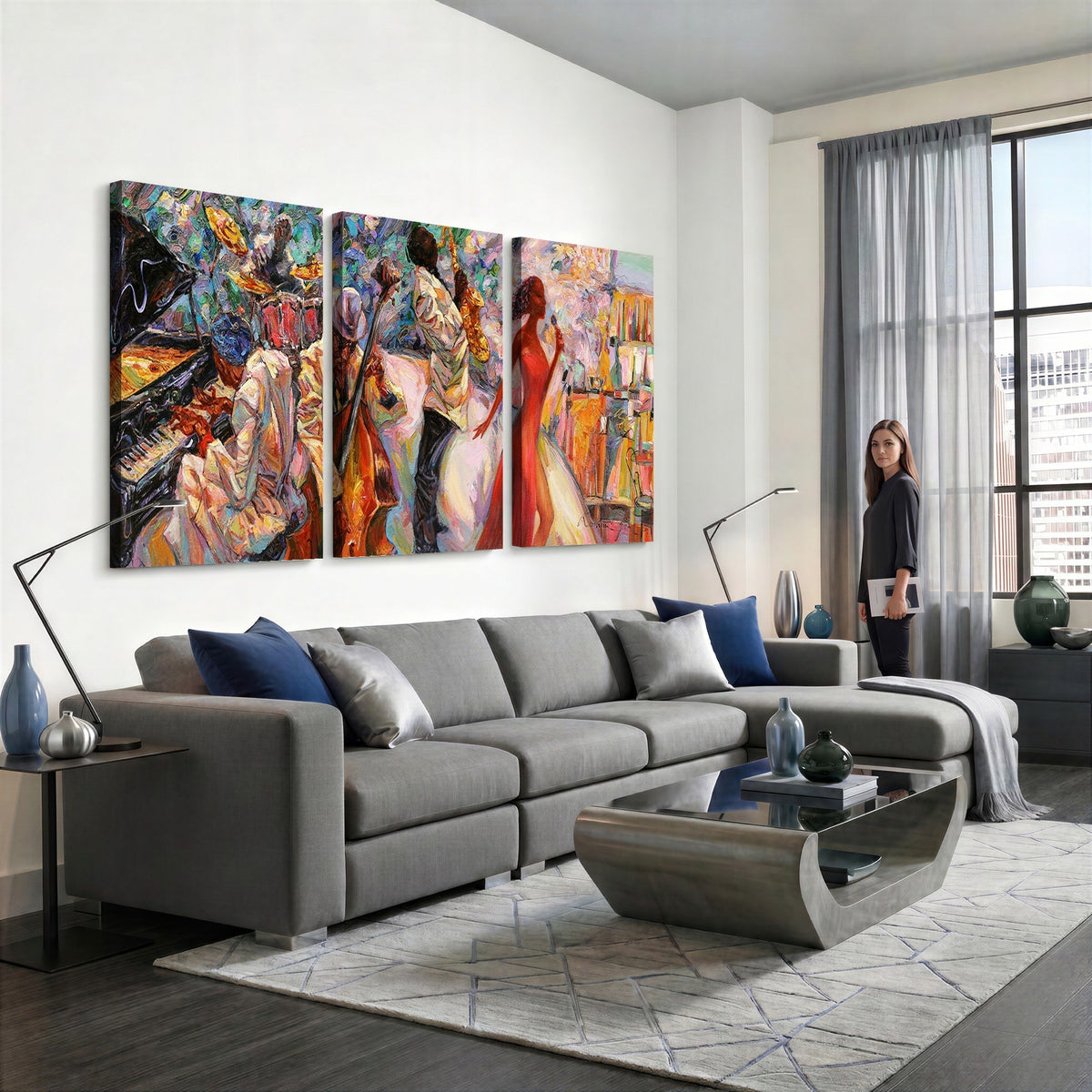 40574-_Poster-30x20 - Afro American Jazz Band Canvas Wall Art | 3 Panel Music Studio Decor