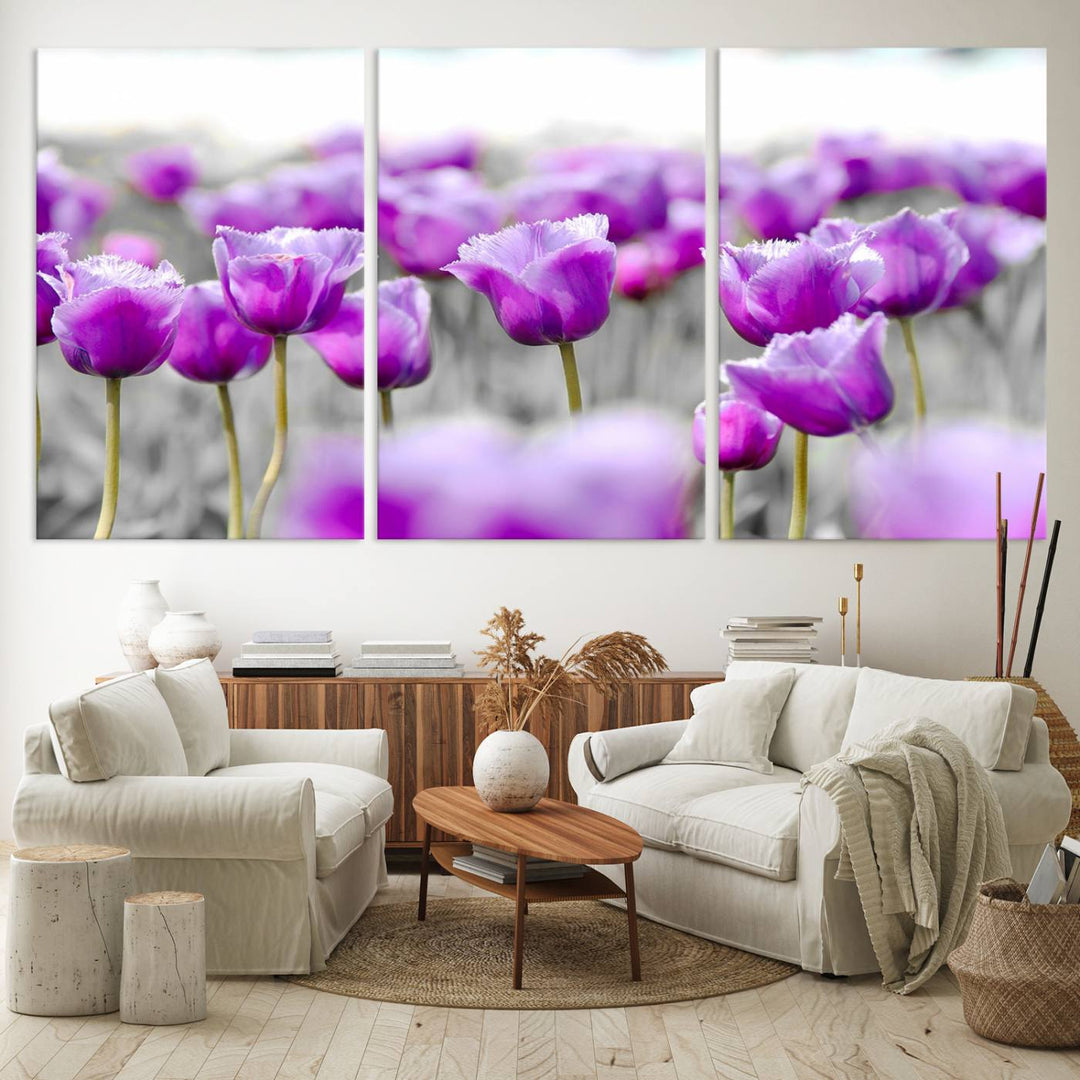 A gallery-wrapped Tulip Fields canvas wall art in a vivid purple hue.