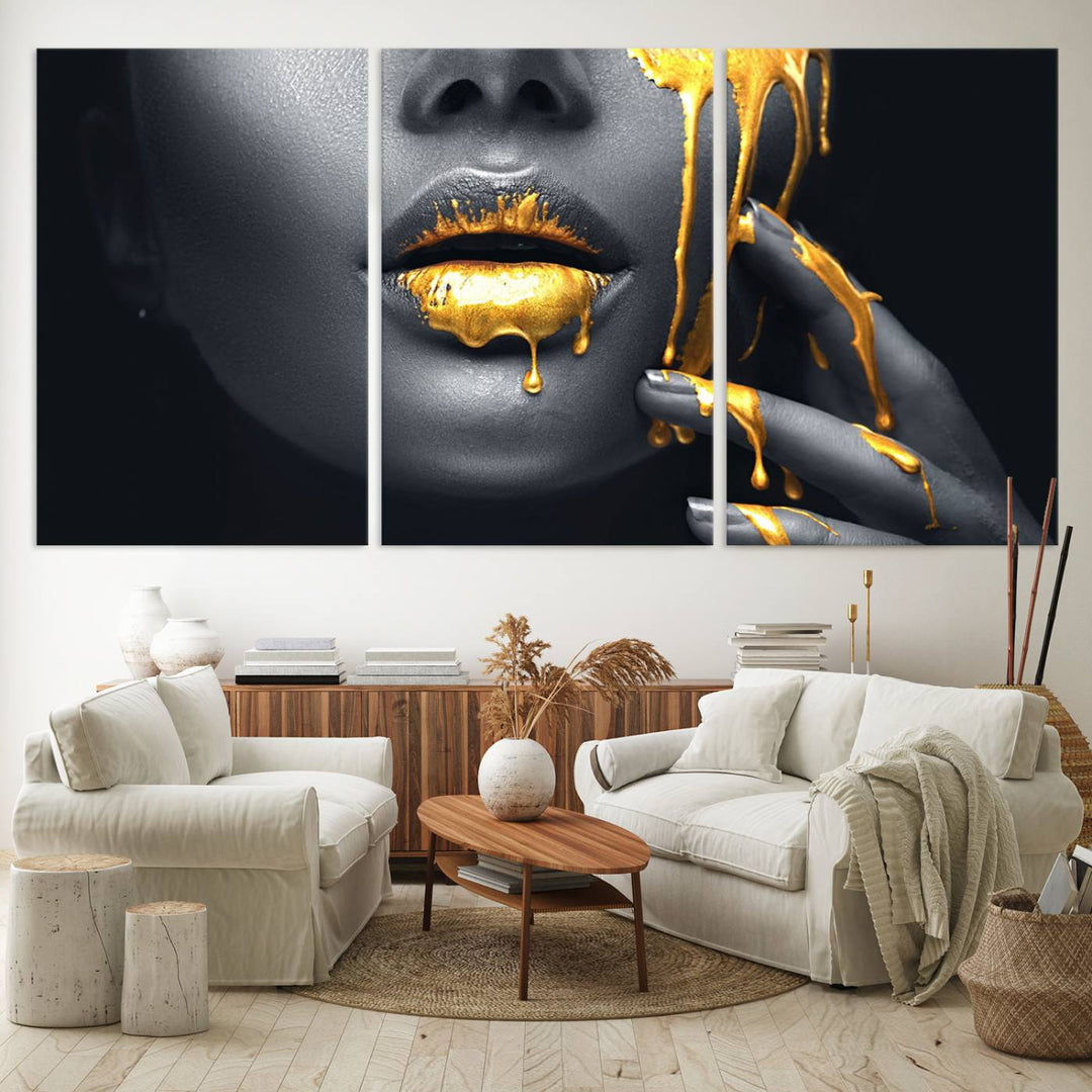 Above the dining area is the Gold Glitter Lips Fashion Makeup canvas wall art.