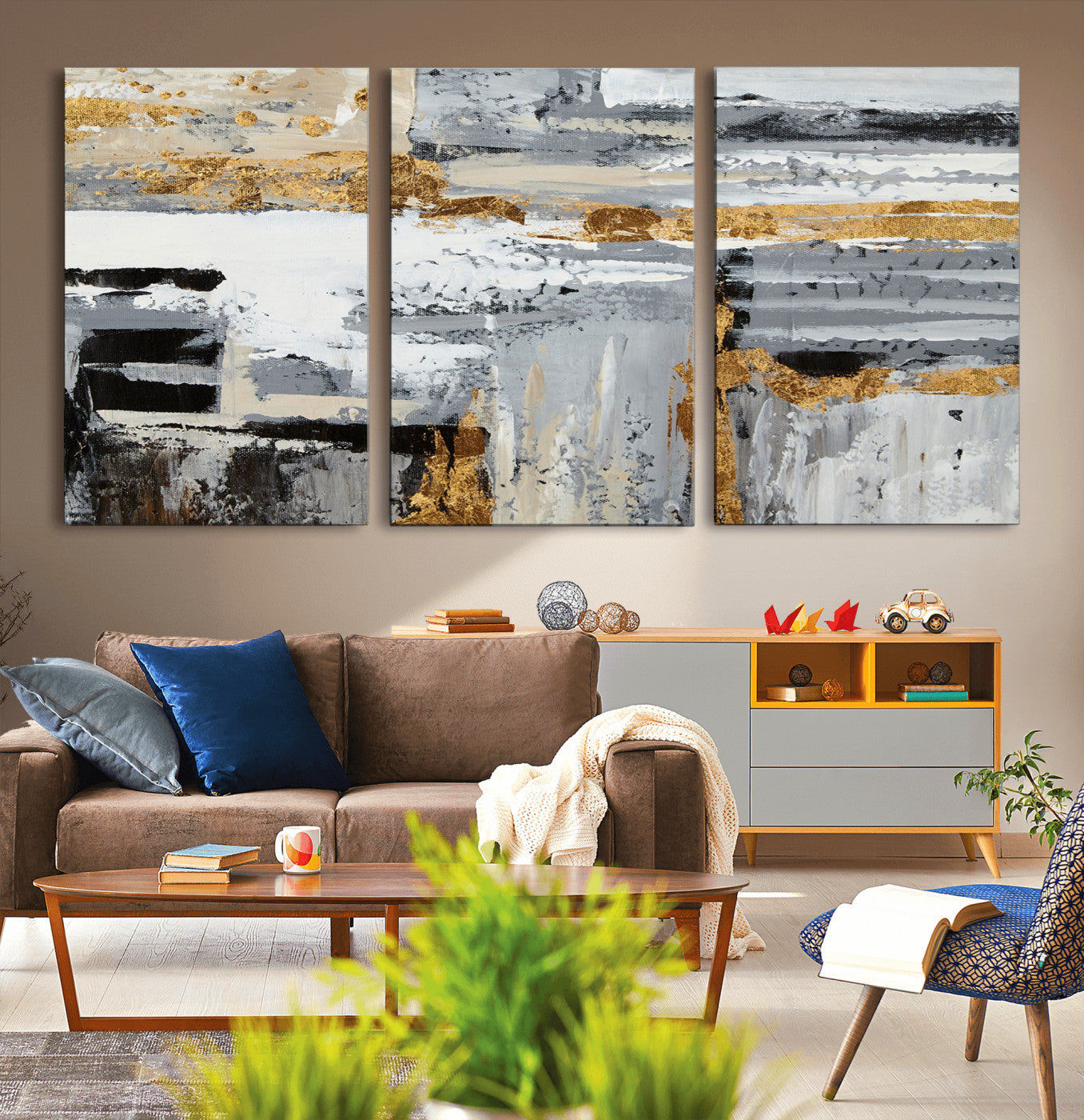 43177-MGV-CV-36X24-Abstract Painting Canvas Wall Art Print Paint Drip Art Brush Strokes Gray Artwork