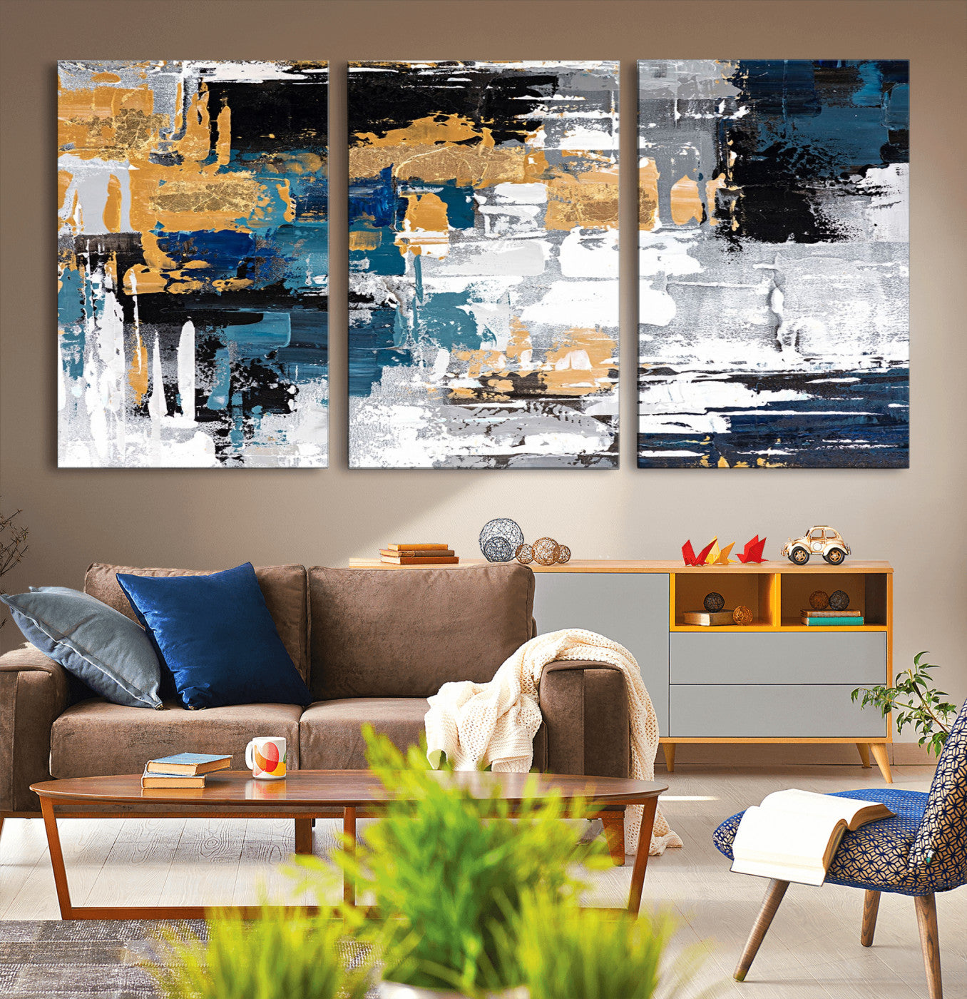 -Blue and Gold Abstract Canvas Wall Art – Triptych Modern Painting for Living Room – Framed and Ready