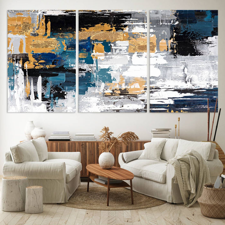 Blue and Gold Abstract Canvas Wall Art hangs prominently.