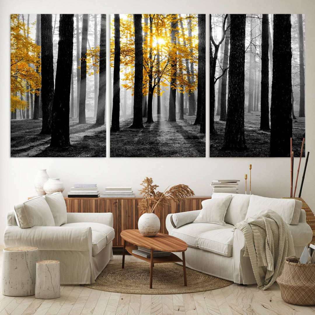 Nature Misty Foggy Autumn Forest Wall Art Print displayed above a modern dining room.