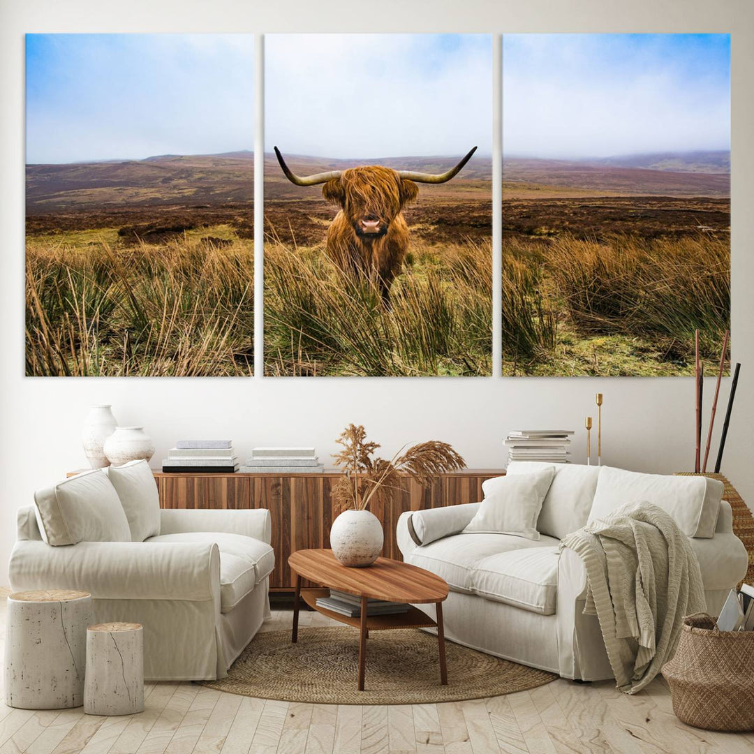 A Scottish Highland Cow art print canvas with UV-protection adorns the wall, preserving vivid details.