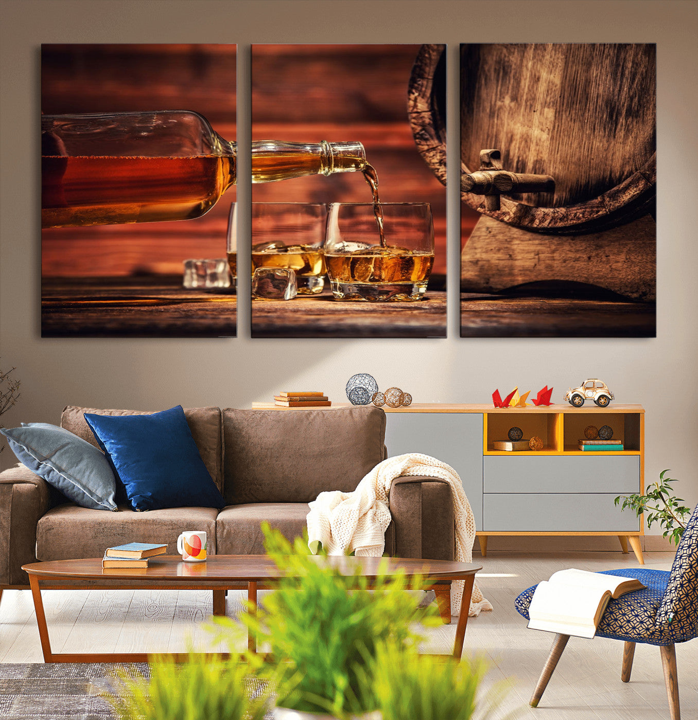 MGV-CV-60X30-3P - Whiskey and Cigar Canvas Wall Art | 3 Panel Bar Room Decor for Home Lounge, Office, or Man Cave |