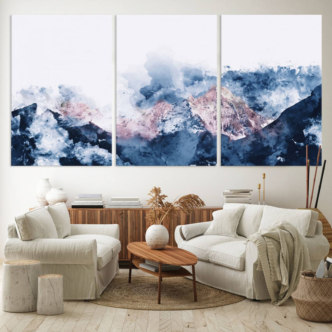 A modern kitchen showcases an Abstract Watercolor Mountain Landscape Art Canvas Print.