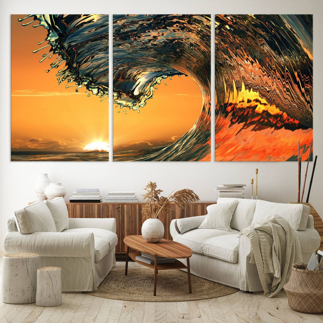 The Ocean Wave With Perfect Sunset canvas wall art adds a striking focal point to the room.