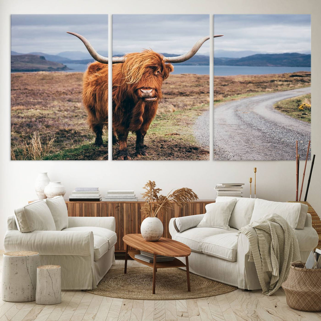 The Longhorn Highland Cow Canvas Wall Art is prominently displayed.