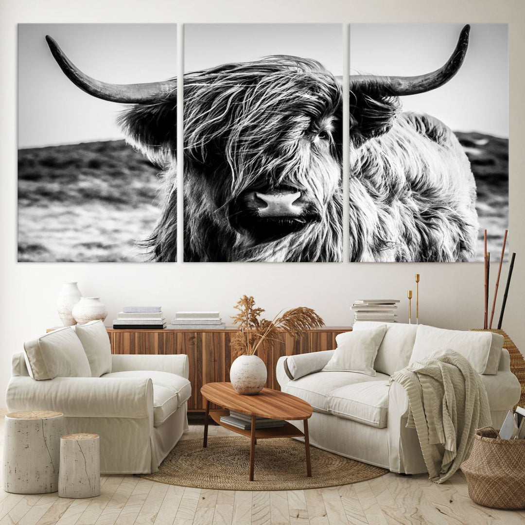 A Black and White Scottish Cow Canvas Print adorns the kitchen wall, perfect for farmhouse decor.