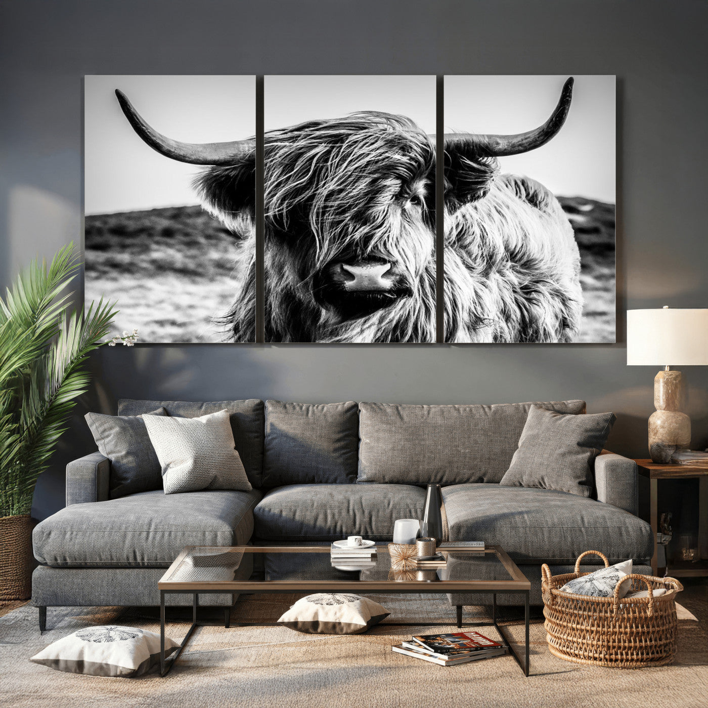 54309-MGV-CV-36X24 - Black and White Scottish Cow Canvas Wall Art Highland Cattle Canvas Print Framed Ready to Hang Original Cotton Canvas High Quality Image Multi Panel Wall Art Printable Artwork for Walls