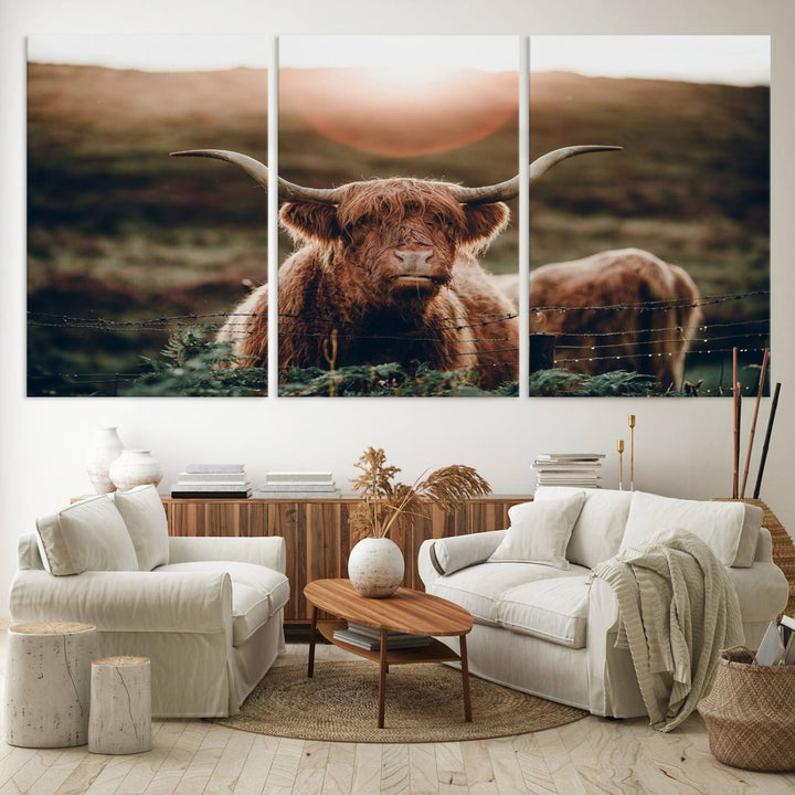 A Highland Cow Animal Canvas Wall Art, featuring a grassy field, is displayed on the wall.