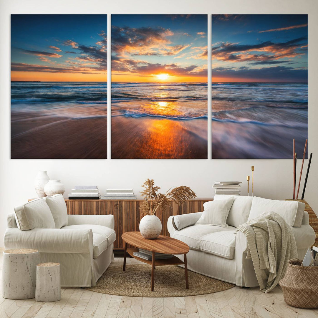 A museum-quality Beautiful Sunset over the Horizon canvas adorns the living room wall.