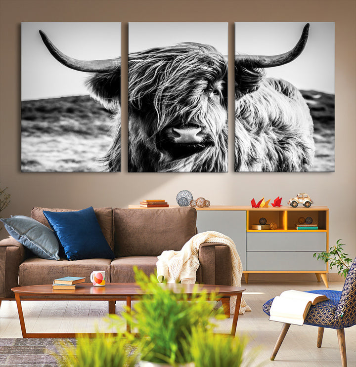 Highland Cow Wall Art | 3-Panel Black and White Highland Cow Canvas Print for Western Farmhouse Decor