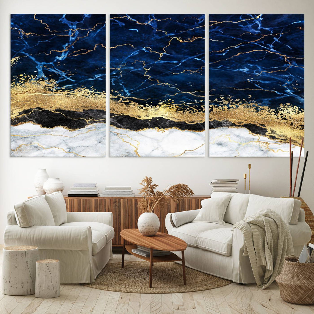 Navy Blue Marble Fluid Effect Canvas Wall Art, featuring a gold and white abstract design, adds a finishing touch to your modern kitchen decor.