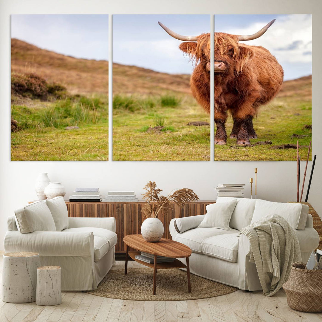 A Highland Cow Animal Canvas Wall Art hangs on the wall, adding warmth to the room.