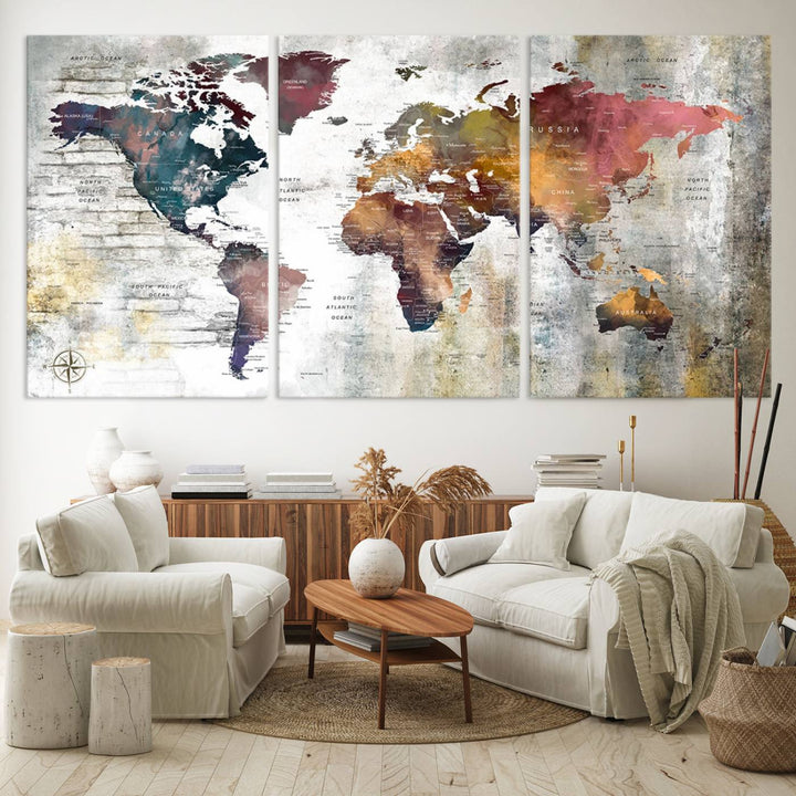 World Map Wall Art Triptych | 3-Panel Canvas Print Featuring Antique Style Map for Living Room, Office, Study, or Home Decor | Vintage Map Wall Art
