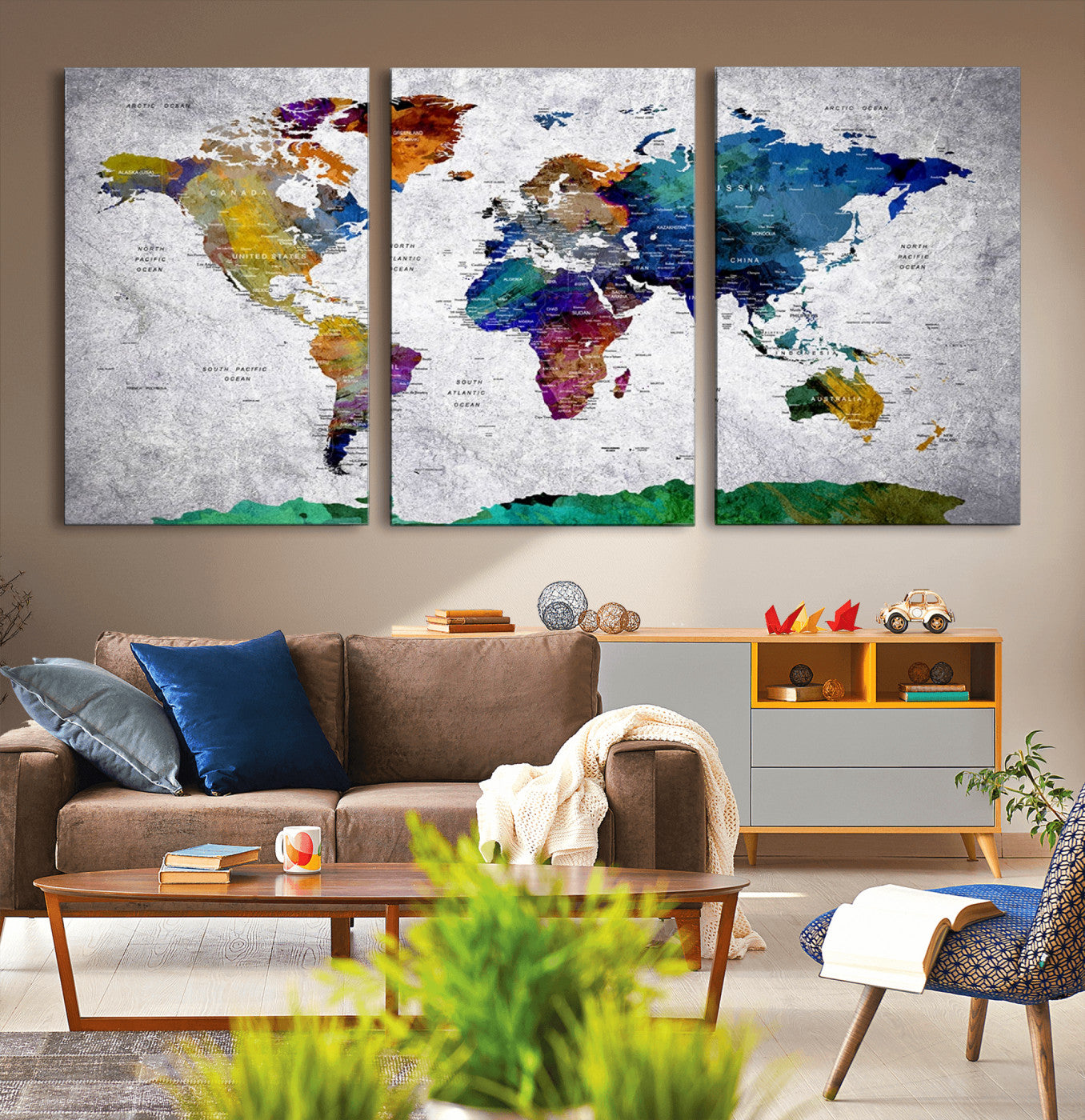 26840-MGV-CV-36X24-Push Pin World Map Canvas Print – Framed Travel Tracker Wall Art for Couples, Anniversary Gift and Modern Home Decor