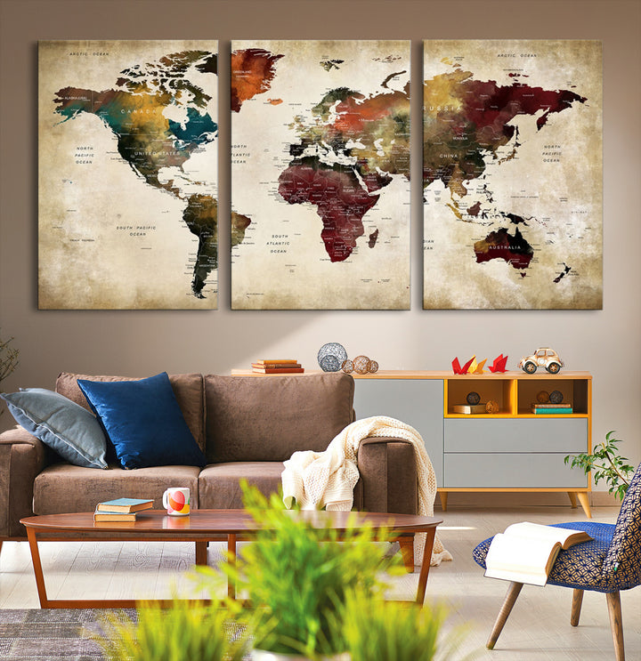 Large World Map Wall Art Canvas Print, Push Pin Map Print, Framed Abstract Traveller Map Art Print, Large Watercolor World Map Printing Perfect for Modern Decor