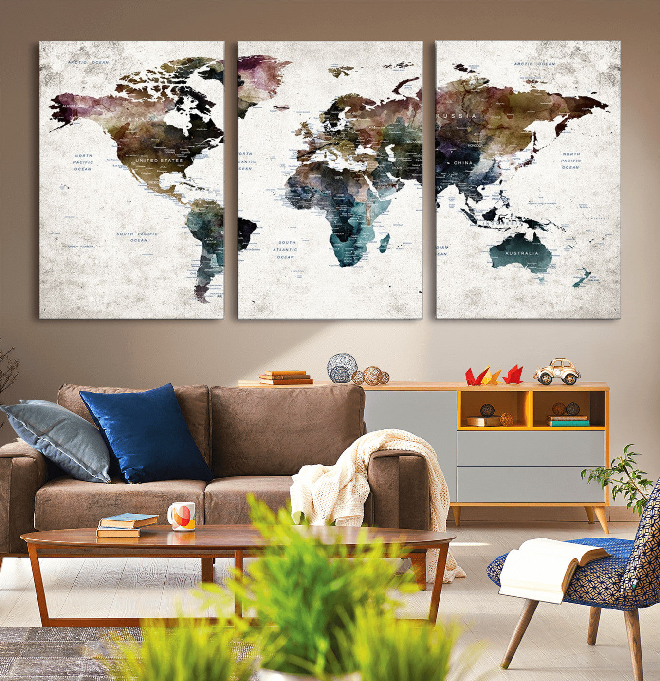 MGV-CV-60X30-3P - Push Pin World Map Canvas Print – Framed Wall Art for Couples to Track Their Travels – Anniversary