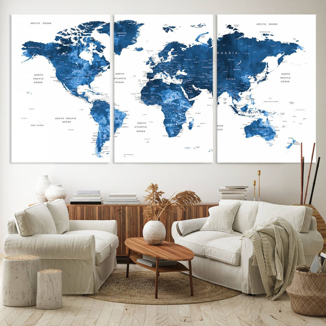 Navy Blue Wall Art World Map Canvas Print, an ideal piece for anyone seeking unique home or office decor.