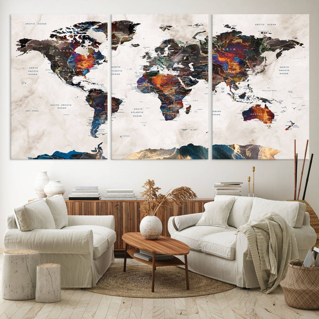 Watercolor World Map Canvas Print in earthy hues with a grunge background, ideal for wall decor.